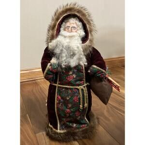Vintage Folk Art Santa Sculpture 12" Velvet Real Fur Painted Face Signed 17/100